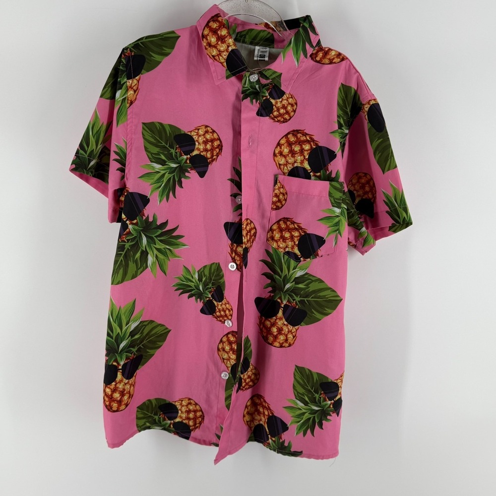 Ochenta‎ Hawaiian Shirt Boys 170 Pink Pineapple Sunglasses Print Button Up Beach